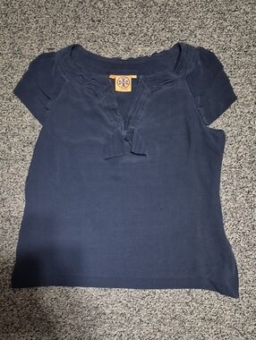 Tory Burch Navy Short-Sleeve 100% Silk Tie-Neck Blouse